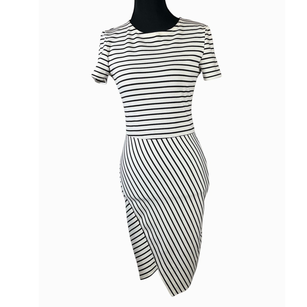 ZARA Trafaluc Bodycon Striped Midi Dress Women S Black White Short Sleeve Sheath